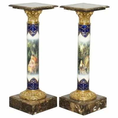 PAR DE PILARES PINTADOS ROMÁNTICOS DE PORCELANA BRONCE DORADO MÁRMOL FRANCÉS VINTAGE Foto 1 de 4
