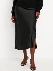 NEW Old Navy Elastic Waist High-Waisted Satin Midi Slip Skirt Slit Black XL Tall - Picture 1 of 16