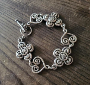 925 Sterling Silver Vintage Floral Toggle Lock Fleur De Lis Abstract Bracelet JM - Picture 1 of 6