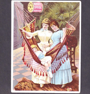 Eureka Sewing Thread old Tiger Skin Rug Silk Spool Hammock Victorian Trade Card - Image 1 of 4