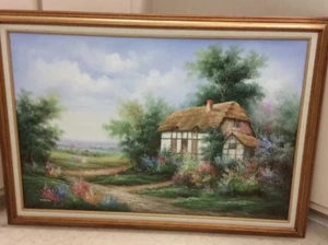Retro Oil Painting~By MARTEN~Beautiful Landscape w/Cottage House~24x36 - Picture 1 of 12