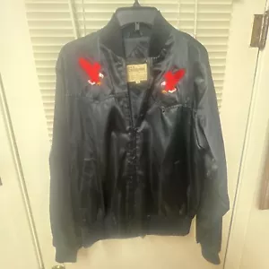 Vintage Black 100% Nylon “Ely Cattleman” Jacket. W/3 stitched Red Eagles - Picture 1 of 5