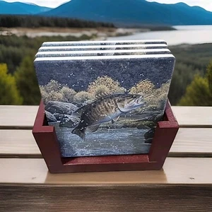 Juego de 4 posavasos para bajos Thirstystone arenisca boca pequeña con soporte de madera - Imagen 1 de 4