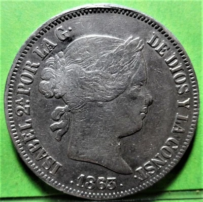 SCARCE, ISABEL II, 20 Reales, 1863/53, SEVILLA, DOUBLE DATE, Silver, SPAIN - Image 1 of 2