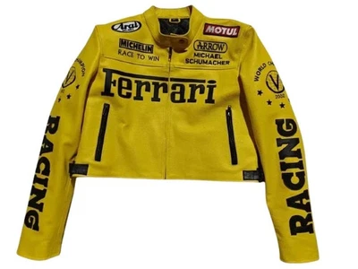 Women's Ferrari Leather Jacket Yellow - Real Cowhide Leather Racing Jacket - Image 1 of 4