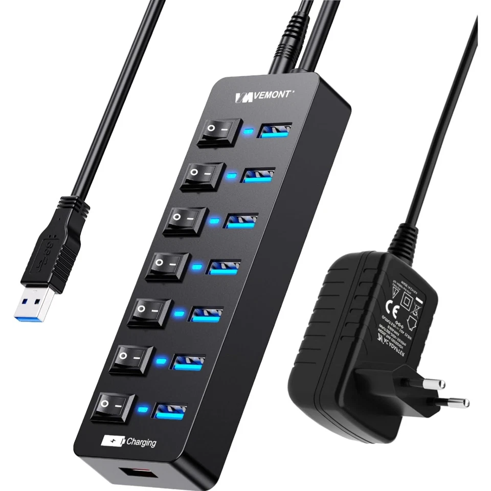 USB Hub 3.0 7 Ports mit Netzteil aktiv, Daten /Laden, individuell schaltbar - Bild 1 von 1
