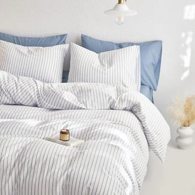  - Striped Cotton Duvet Cover Set, Ticking Stripe Vertical Full Blue White - Image 1 of 4