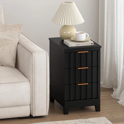 11.8英寸窄床头柜带3个抽屉,凹槽木制小边桌,超薄Si — 第 1/4 张图片