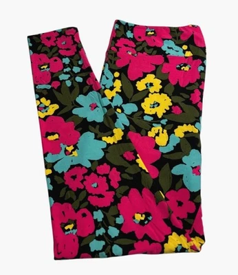 LuLaRoe Leggings TC Tall Curvy BLACK PINK YELLOW Abstract Modern DAISY Flower - Image 1 of 4