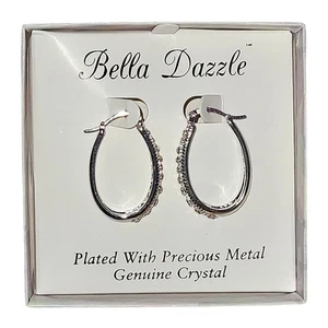 Bella Dazzle Silver Plated Crystal Oval Hoop Earrings 1.25” Dressy Evening Box - Picture 1 of 4