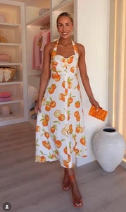 Zara Orange Print Halter Neck Linen Blend Midi Dress Size XL 3487/223 - Picture 1 of 12