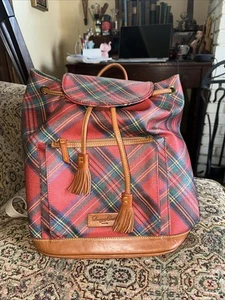 Dooney Bourke Tartan Plaid Drawstring Backpack Red Blue Green Brown Leather - Picture 1 of 11