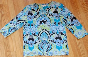 Top camicia donna JM Collection multicolore nero acqua manica 3/4 Large Petite - Foto 1 di 3