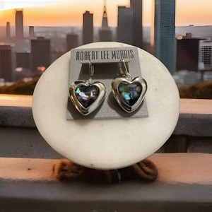 Robert Lee Morris Polished Silver Tone Abalone Gem Heart Drop Earrings NWT - Picture 1 of 2