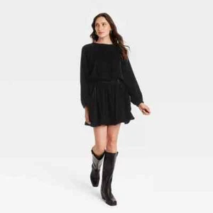 NWT Universal Thread Women's XS Black Long Sleeve Velvet Mini A-Line Dress - Picture 1 of 11