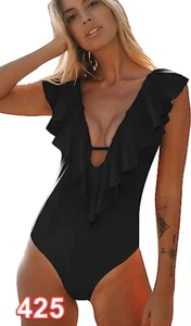 SPORLIKE Women One Piece Swimsuit V-Neck Ruffle Bathing Suit Padded Monokini M - Picture 1 of 7