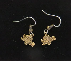 Turtle Earrings Tiny Tortoise Antiqued Brass Reptile Snapper Loggerhead Slowpoke - Picture 1 of 5