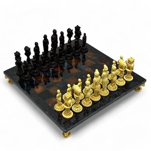 Set Chess Decorated IN Marble Ochre & Mahogany & Chessboard Agate Black Art - Picture 1 of 9
