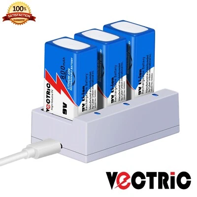9V Rechargeable Li-ion Battery 800mAh VECTRIC 3 Packs with Smart Charger Lithium - Image 1 of 4
