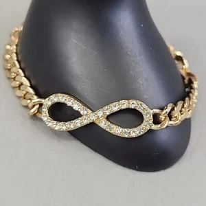 Infinity Bracelet Clear Rhinestones Gold Tone Curb Link Chain Tapered 8" - Picture 1 of 9