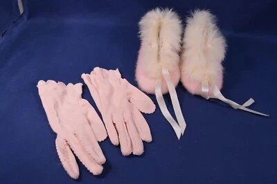 Vintage Toddler Pink Gloves & Infant Pink Real Rabbit Fur Slipper Shoes - Image 1 of 4