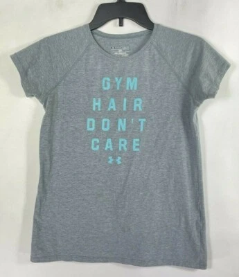 Under Armour Girls T Shirt Crew Neck Short Sleeve Gym Hair Don't Care Loose Sz L - Image 1 of 4