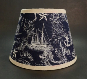 Nautical White Ship Map Anchor Star on Navy Fabric Lampshade Lamp Shade - Picture 1 of 7