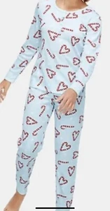 Justice Candy Cane Heart Long John Pajama Set Light Blue Red Sz 10 EUC - Picture 1 of 3