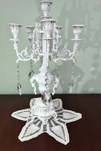 Candelabro victoriano francés vintage de hierro fundido blanco de 6 brazos con cristales grandes de 18,5" - Imagen 1 de 22