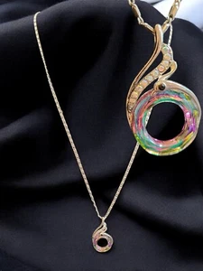 Gold-Tone 9" Iridescent Swirl Pendant Necklace, Rhinestone Accent, Unique Art - Picture 1 of 8