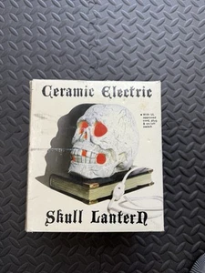 Vintage ROBERT ALAN Keramik BELEUCHTET Elektrisch 3D TOTENKOPF auf Buch LATERNE Halloween - Bild 1 von 12