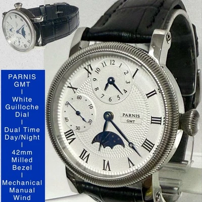 42mm DUAL TIME | White Guilloche Dial | Mechanical Day/Night | PARNIS GMT Watch - Image 1 of 4