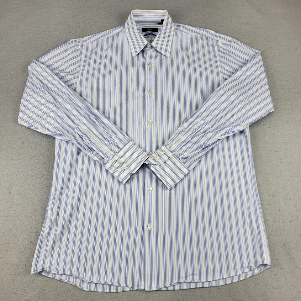 Camisa de vestir BOSS Hugo Boss para hombre 15,5 32/33 azul blanco a rayas calce regular Foto 1 de 4