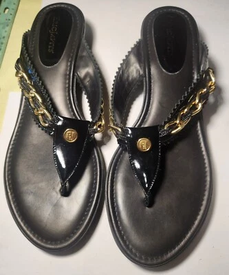 Eric Javits Sandals 9 Black Chainmi Toe Logo Thong Sandal Made in Italy - Image 1 of 4