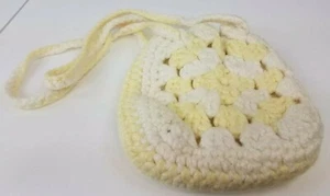 Vintage Young Girls Yellow and White Crocheted Cinched Sack Purse Handmade  - Picture 1 of 7