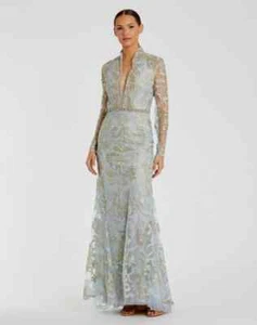 NWT Mac Duggal 11165 Powder Blue Long Sleeve Lace V-Neck Formal Gown SZ 14 - Picture 1 of 1