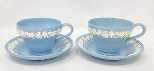 Wedgewood Embossed Queensware Tea Cups & Saucers, Blue (2) - Picture 1 of 6