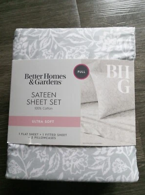 Better Homes & Gardens 4-Piece Silver Floral Cotton Sateen Bed Sheet Set Full - Image 1 of 4