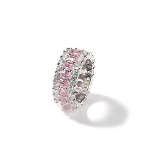 TopBling Charm Pink Zircon Ring Three Rows Platinum Plated Jewelry Women Gift