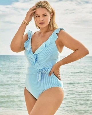 Nuevo con etiquetas Traje de baño de una pieza Lilly Pulitzer Delphie azul Seersucker a rayas talla 16 Foto 1 de 4