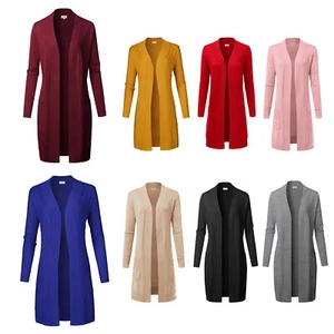 Women's Long Open Front Long Sleeve Knee Length Stretchy Knit Cardigan Pocket - Picture 1 of 26