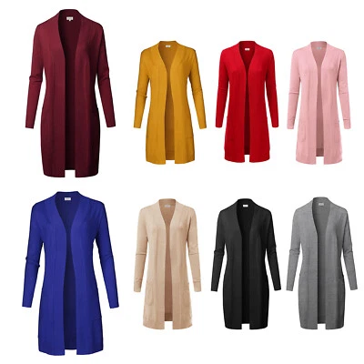 Cárdigan de punto elástico hasta la rodilla con bolsillo para mujer largo abierto frontal manga larga Foto 1 de 2