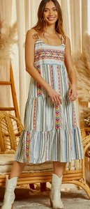 Savanna Jane Sleeveless Embroidered Denim Stripe Multi Tiered Midi Sundress Sz S - Picture 1 of 7