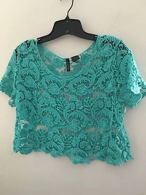 Full Tilt Sz L Adorable Aqua Crochet crop top - Image 1 of 4