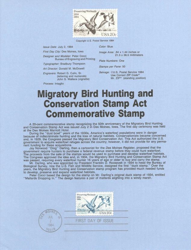 #8423 20c Duck Stamp 50 Years - Scott #2092 USPS Souvenir Page - Image 1 of 1