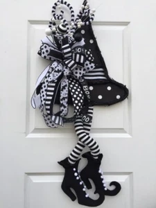 WREATHS HALLOWEEN DOOR WALL BLACK WHITE POSEABLE LEGS WITCH HAT HANDMADE - Picture 1 of 8