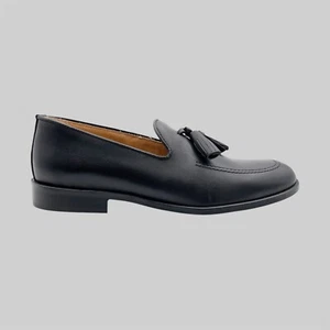 Scarpe Nappine Tassel Loafers Pelle Nero Fondo Cuoio Eleganti Made in Italy - Foto 1 di 4
