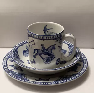 Spode Edwardian Kids Breakfast Set Blue and White Cup Bowl Plate Made England - Picture 1 of 7