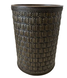 Vtg. MCM Brown Rattan Woven On Plastic 12 1/2” Tall 8 1/2” Wide Trash Can. - Picture 1 of 4
