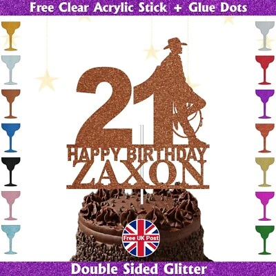 Personalised Men's Cowboy Birthday Party With Name and Age Glitter Cake Topper - Image 1 of 2